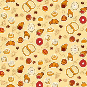 Bakery seamless vector pattern whith buns, bagels, croissants, coffee Illustrazione stock