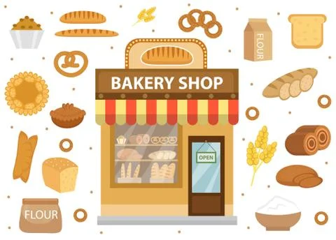Bakery set icons with bread shop building, roll, loaf, cakes, bagels, . Iso.. Stock Illustration