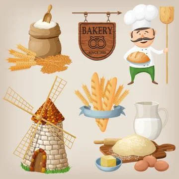 Bakery set. Set of cartoon characters and icons for food design situations Stock Illustration