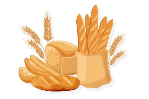 Bakery set Vector. Bread, baghet, rye. Front view detailed illustrations Illustrazione stock