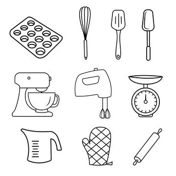Bakery set of vector design elements on white background, kitchen tools. Vector Stock Illustration