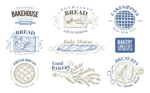 Bakery set of vector monochrome labels, badges, emblems. Hand drawn retro Stock Illustration