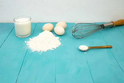 Bakery setup with baking ingredients, empty space for food product display Stock Photos