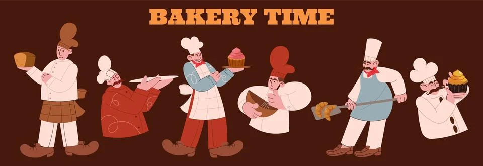 Bakery shop. Baker with bread, characters in sweet cooking shop. Retro man chef Stock Illustration