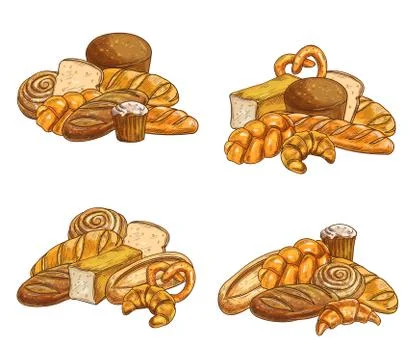 Bakery shop bread and pastry sketch vectors Stock Illustration
