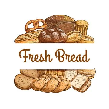 Bakery shop bread and pastry sketch vector banner Stock Illustration