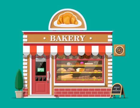 Bakery shop building facade with signboard. Stock Illustration