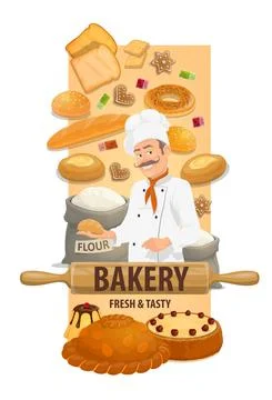 Bakery shop chef with bread and buns vector banner Stock Illustration