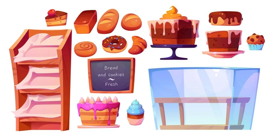 Bakery shop interior cartoon elements Stock Illustration