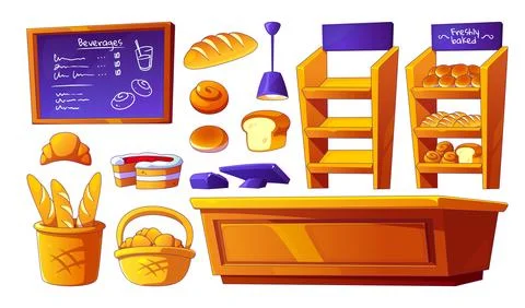 Bakery shop interior design set Stock Illustration