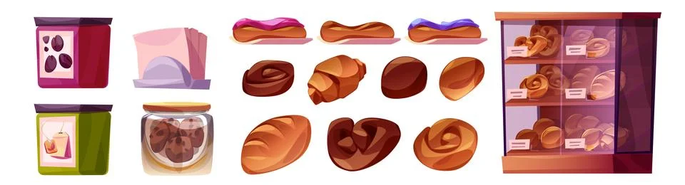 Bakery shop interior elements and pastries set Illustrazione stock