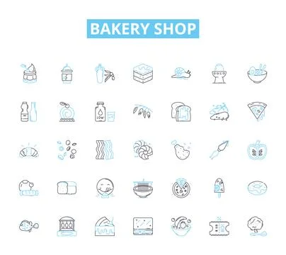 Bakery shop linear icons set. Fresh, Delicious, Sweet, Savory, Flaky, Aromatic Stock Illustration