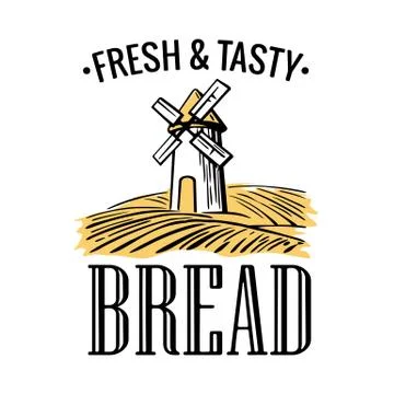 Bakery shop logo. Mill on wheat field in black, white, yellow color. Vintage Stock-Illustration
