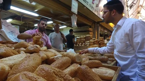 Bakery shop in popular market in central Jerusalem, Israel Stock Footage