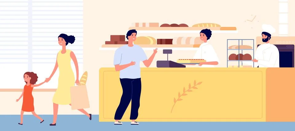 Bakery shop. Small bread store interior, woman man buy snack. Flat bakers Stock Illustration