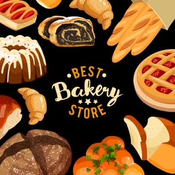 Bakery shop vector frame Baked bread products icons Stock-Illustration