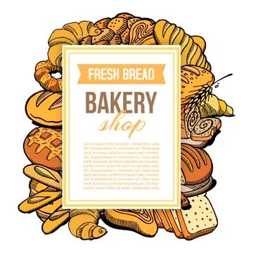 Bakery shop vector hand drawn concept with different types of fresh bread and Stock Illustration