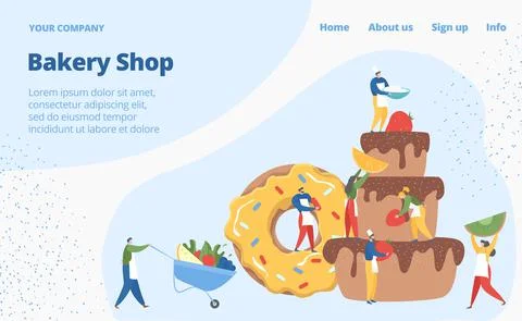 Bakery shop web banner concept, tiny character pastry business, bake muffin cake Stock Illustration