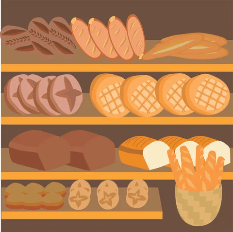 Bakery showcase with breads, botons, buns. Stock Illustration