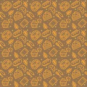 Bakery Signs Seamless Pattern Background on a Brown. Vector Illustrazione stock