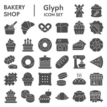 Bakery solid icon set. Bakery shop signs collection, sketches, logo Stock Illustration