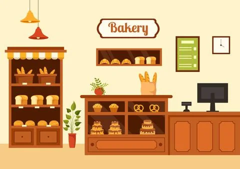 Bakery Store Vector Illustration with Various Types of Bread Products for S.. Stock Illustration
