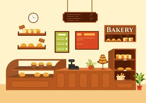 Bakery Store Vector Illustration with Various Types of Bread Products for S.. Stock Illustration