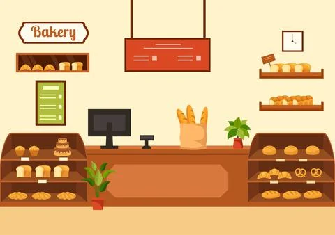 Bakery Store Vector Illustration with Various Types of Bread Products for S.. Stock Illustration