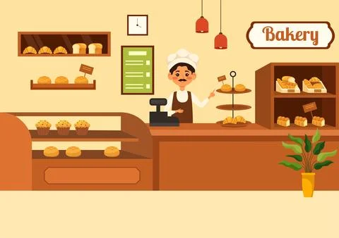 Bakery Store Vector Illustration with Various Types of Bread Products for S.. Stock Illustration
