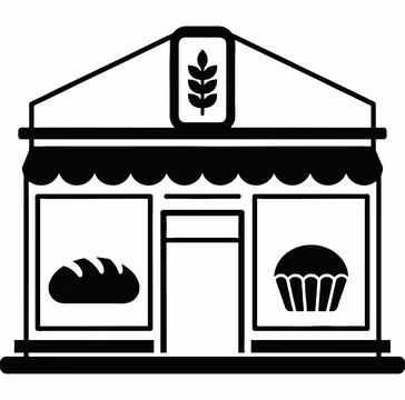 Bakery storefront building icon with bread and cupcake signs Illustration