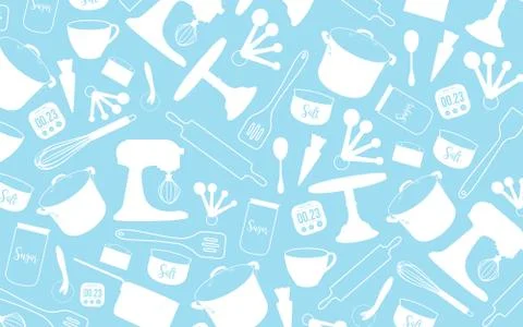 Bakery tool background, Kitchenware on light blue background, Pastel bakery t Stock Illustration