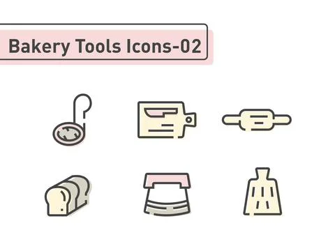 Bakery tool flat line icon set isolated on white background ep02 Stock Illustration