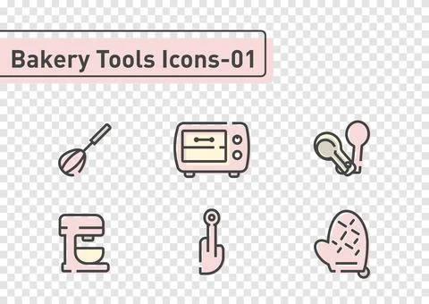 Bakery tool flat line icon set isolated on transparency background ep01 Stock Illustration