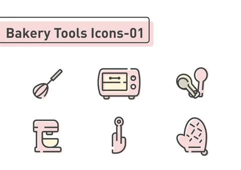 Bakery tool flat line icon set isolated on white background ep01 Stock Illustration