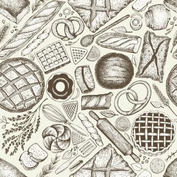 Bakery top view background. Hand drawn vector seamless pattern with bread and Stock Illustration