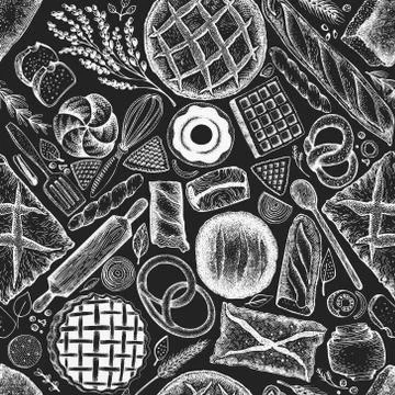 Bakery top view background. Hand drawn vector seamless pattern with bread and Illustrazione stock