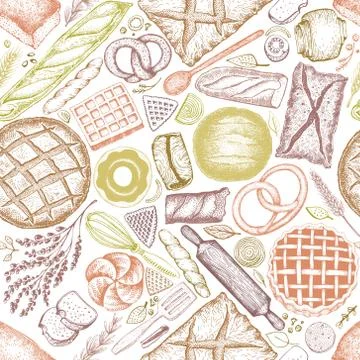 Bakery top view background. Hand drawn vector seamless pattern with bread and 스톡 일러스트