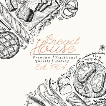 Bakery top view banner template. Hand drawn vector illustration with bread and Stock Illustration