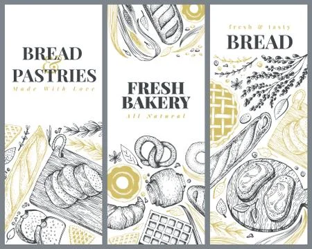 Bakery top view design templates. Hand drawn vector illustration with bread and Stock Illustration