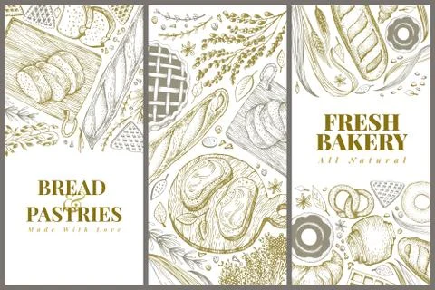 Bakery top view design templates. Hand drawn vector illustration with bread and Stock Illustration