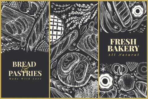 Bakery top view design templates. Hand drawn vector illustration with bread and Stock Illustration