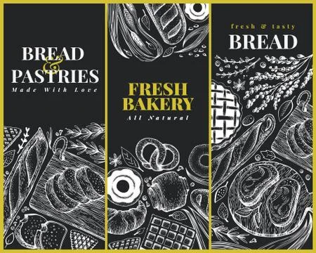 Bakery top view design templates. Hand drawn vector illustration with bread and Stock Illustration