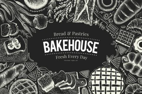 Bakery top view frame on chalk board. Hand drawn vector illustration with bread Stock Illustration