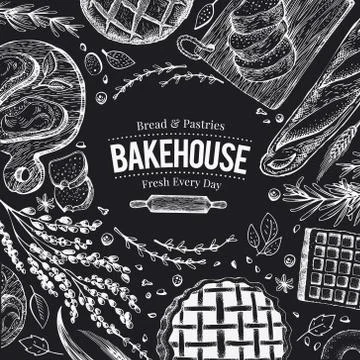 Bakery top view frame on chalk board. Hand drawn vector illustration with bread Stock Illustration