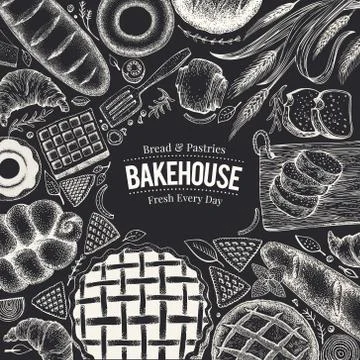 Bakery top view frame on chalk board. Hand drawn vector illustration with bread Stock Illustration