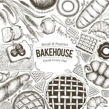 Bakery top view frame. Hand drawn vector illustration with bread and pastry Illustrazione stock