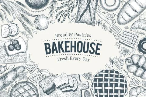 Bakery top view frame. Hand drawn vector illustration with bread and pastry Stock Illustration