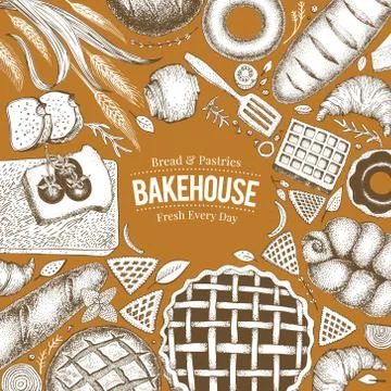 Bakery top view frame. Hand drawn vector illustration with bread and pastry Stock Illustration