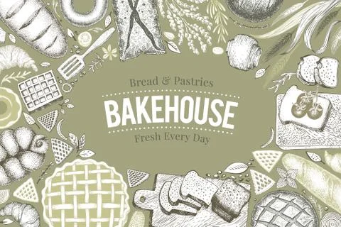 Bakery top view frame. Hand drawn vector illustration with bread and pastry Stock Illustration