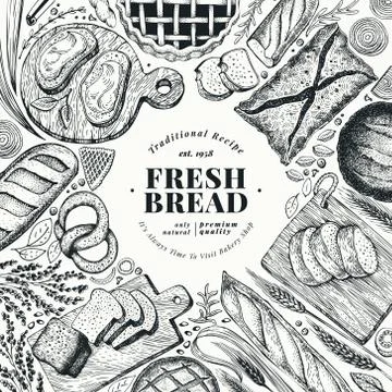 Bakery top view frame. Hand drawn vector illustration with bread and pastry Stock Illustration